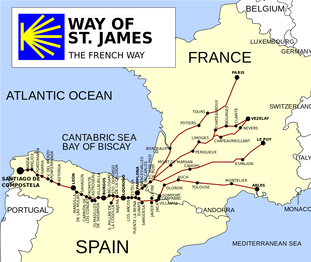 A map of the most popular Camino route starting in France and ending at Santiago de Compostela.