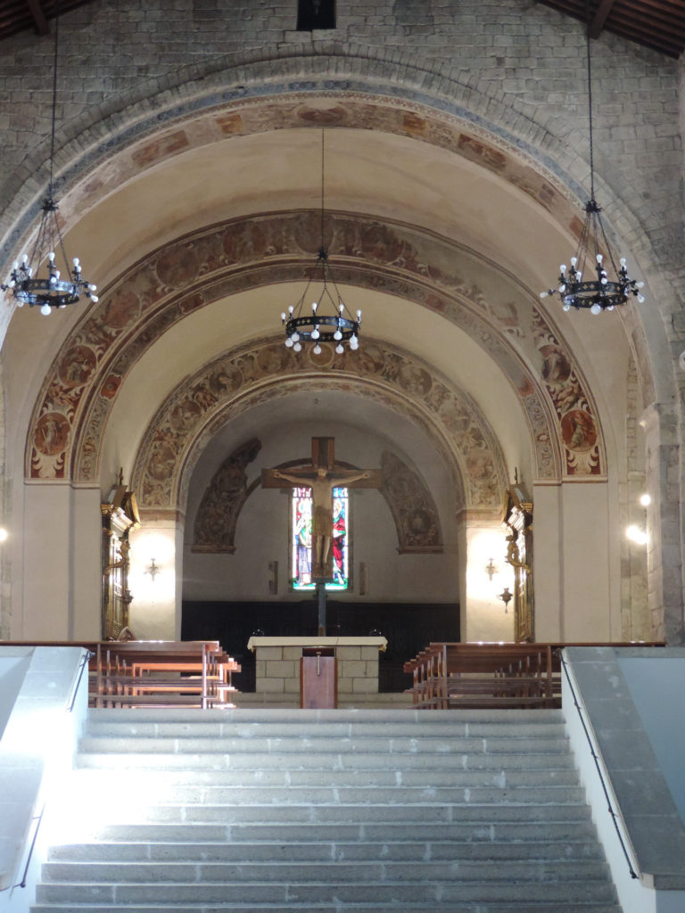 The altar and upper pews of Abbazia di San Salvatore, or the Abbey of the Saviour, in southern Tuscany. The church is more than a thousand years old.